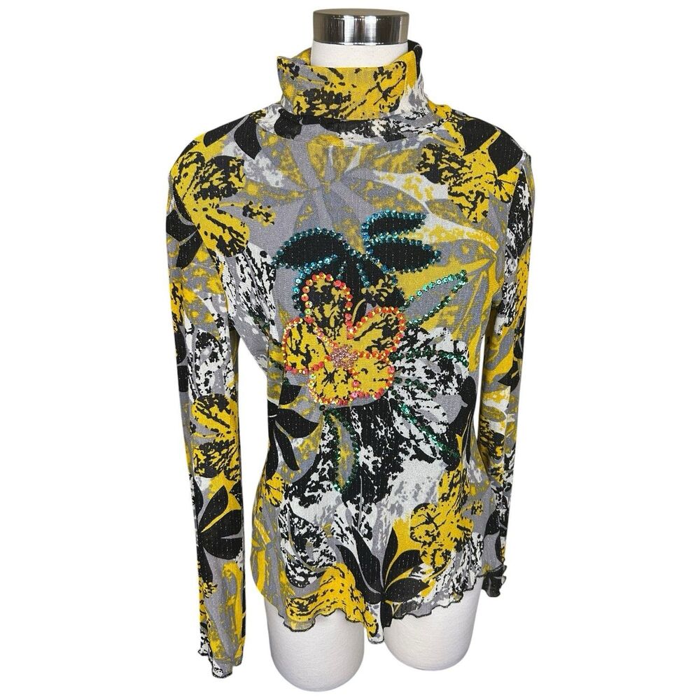 AZI Jeans New York Mesh Sequin Floral Turtleneck Top Sz XL